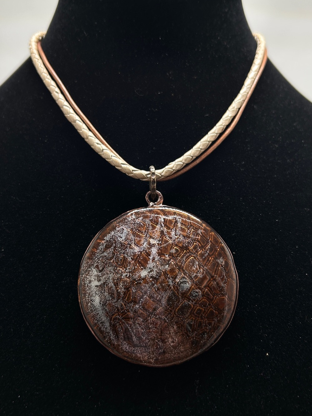 Chico’s, Copper And Silver Pendant On Neutral Leather Cording